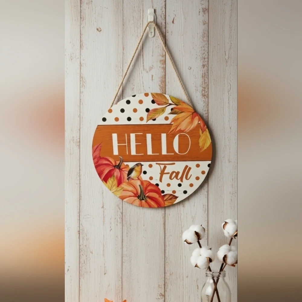 Hello Fall Wooden Plaques,Autumn Paintings Pumpkin Welcome Front Door Sign
